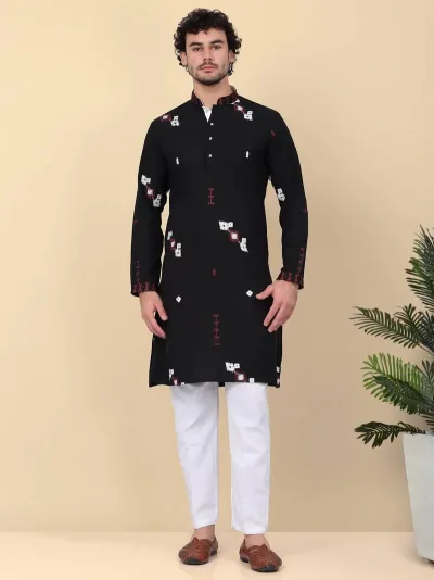 Men Linen Ethnic Motifs Embroidered Black Kurta And White Trouser Pant